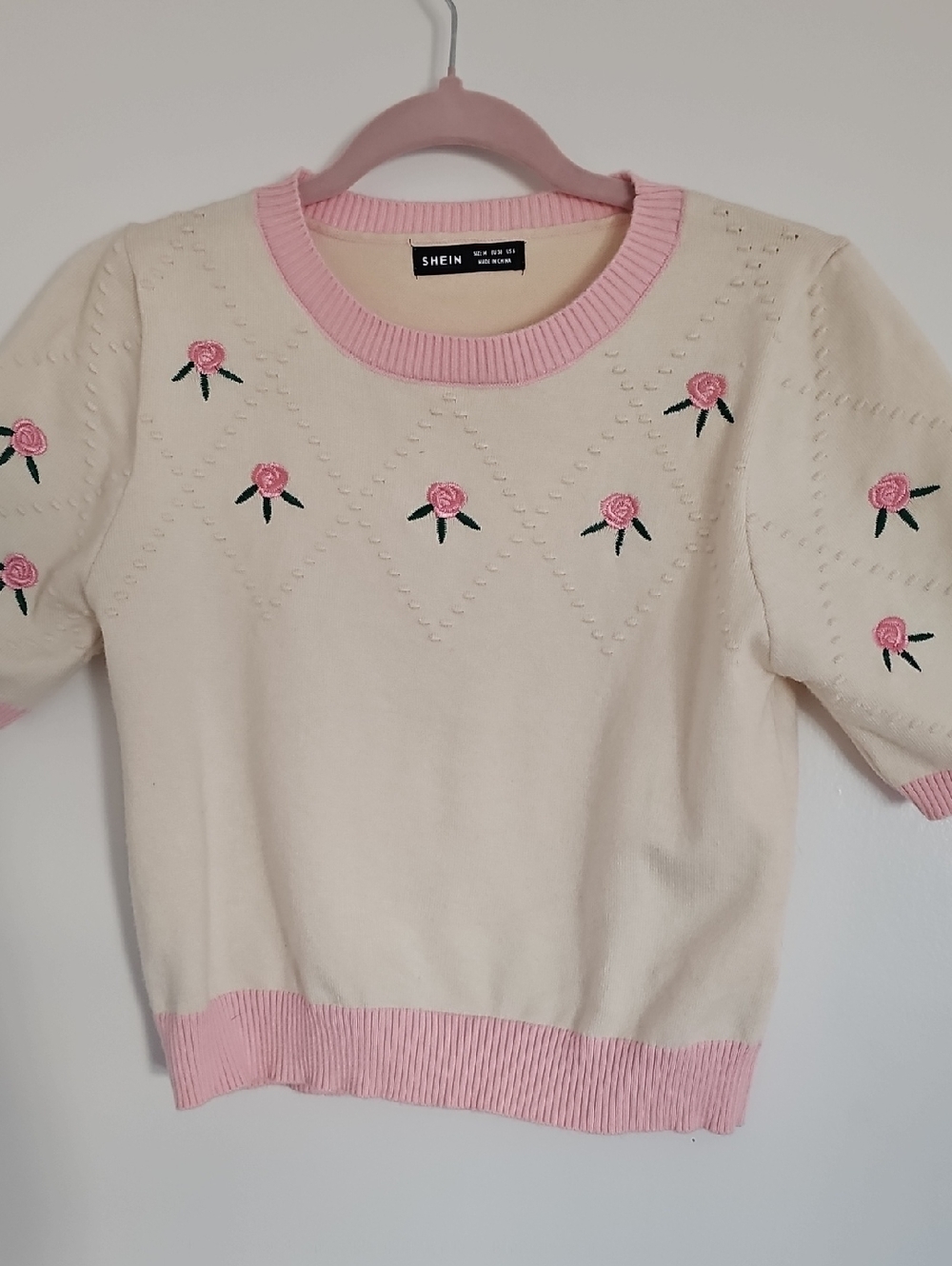 Adorable Cream Knit Tee with Pink Rose Embroidery-Shein